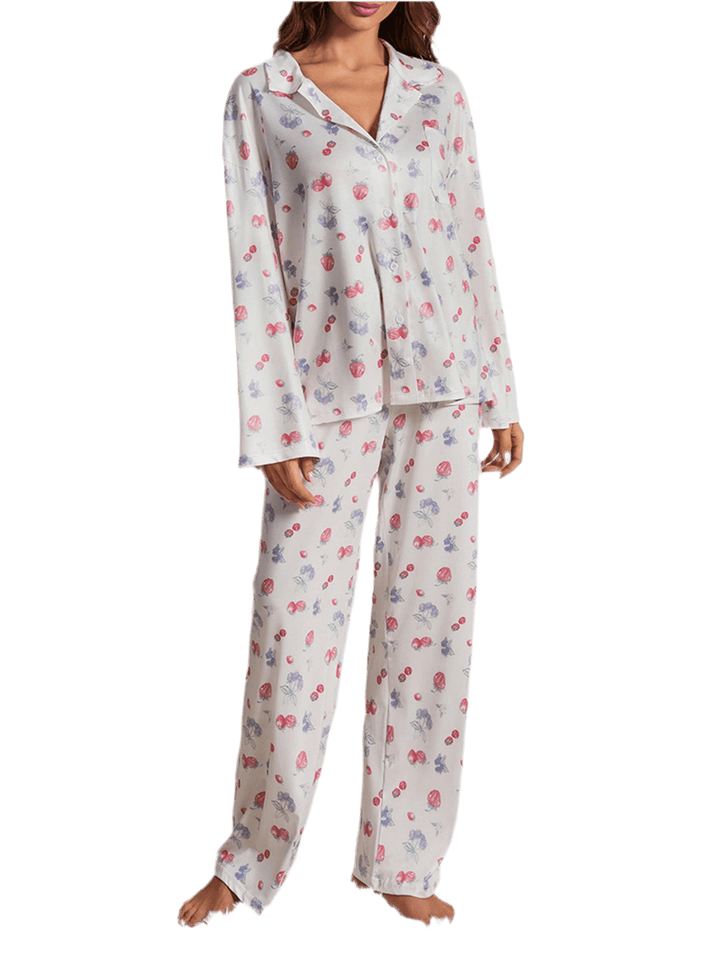 Flower And Fruit Printed Wide Leg Pants Pajama Set