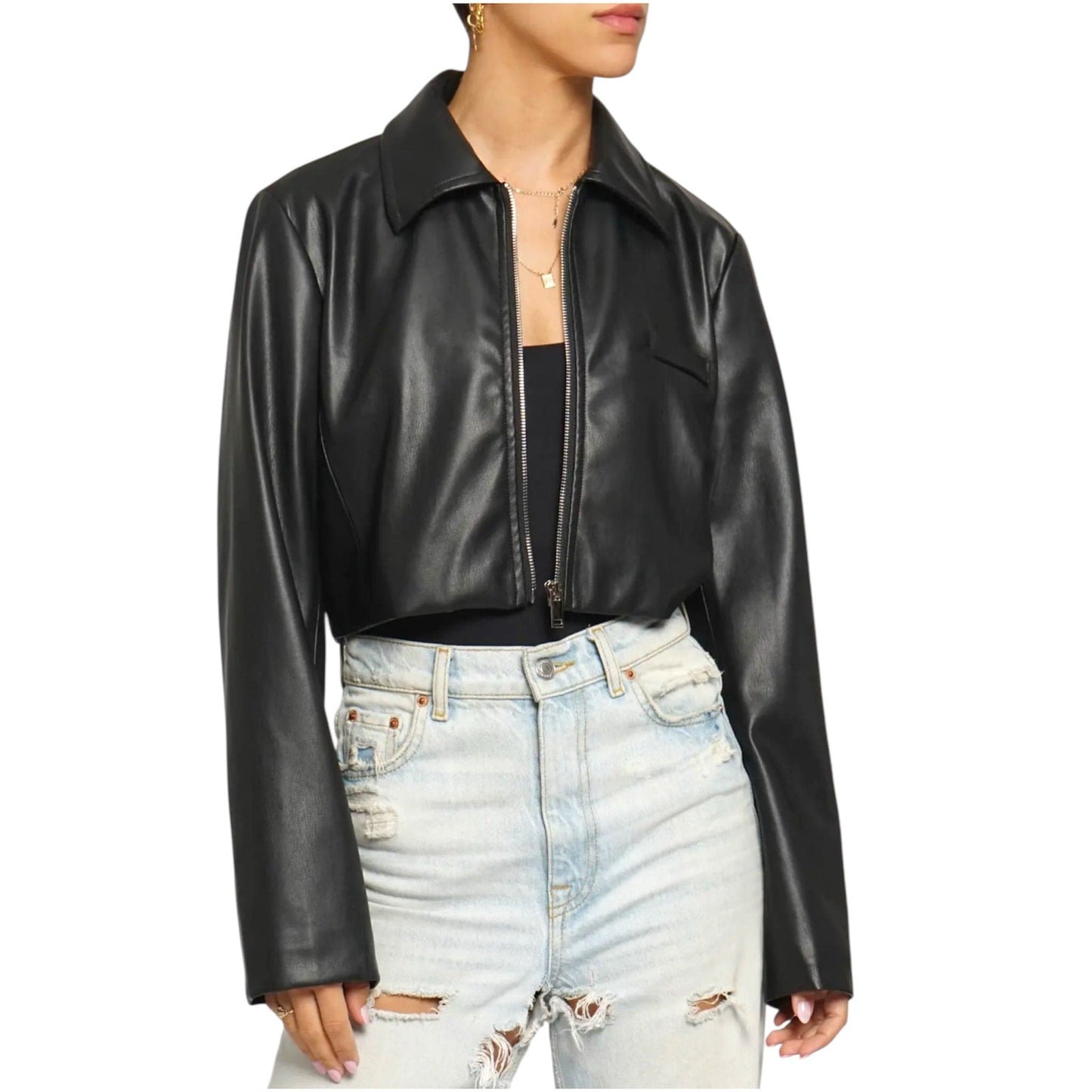 Vegan Leather Zip Front Cropped Black Jacket