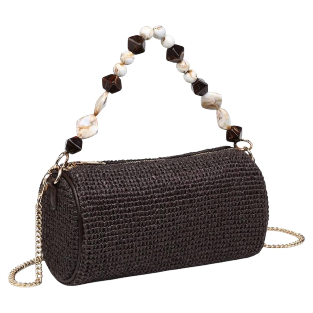 Brown Straw Clutch with Beaded Handle