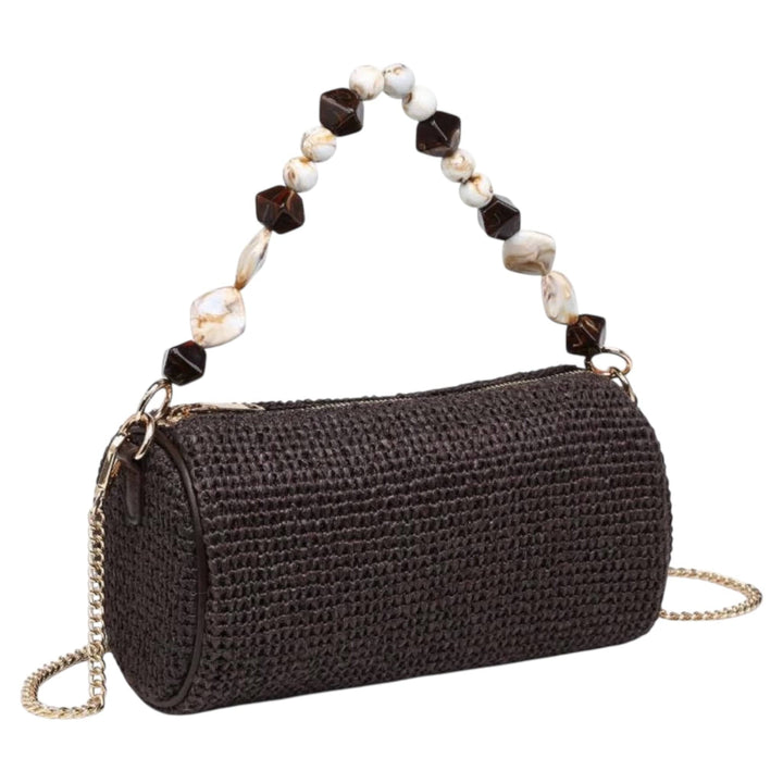 Brown Straw Clutch with Beaded Handle