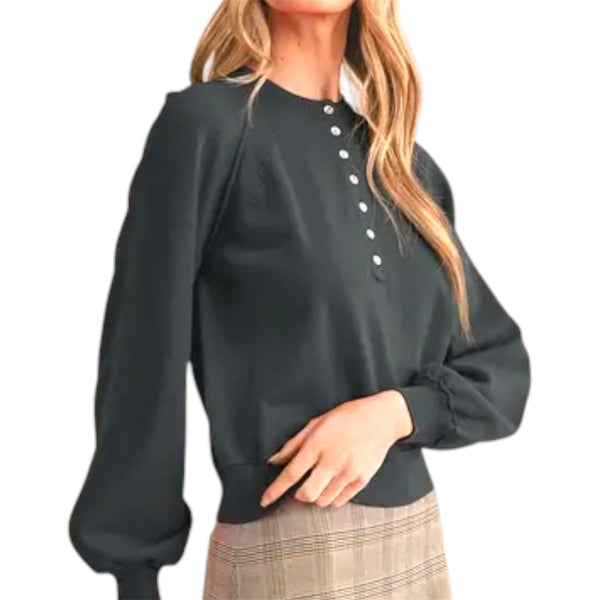 Black Puff Sleeve Henley Sweater