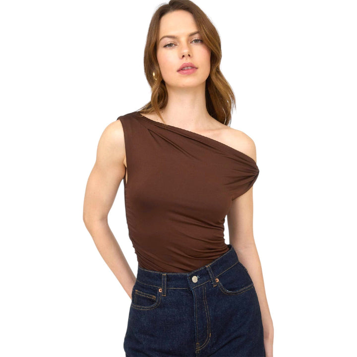 Brown Asymmetrical off the Shoulder Top