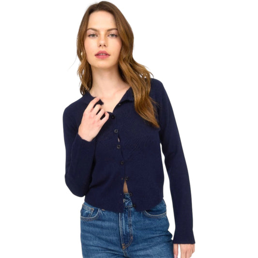 Navy Round Neck Button Down Cardigan Sweater