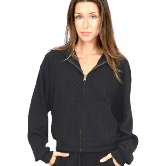 Black Waffle Zip Up Hoodie