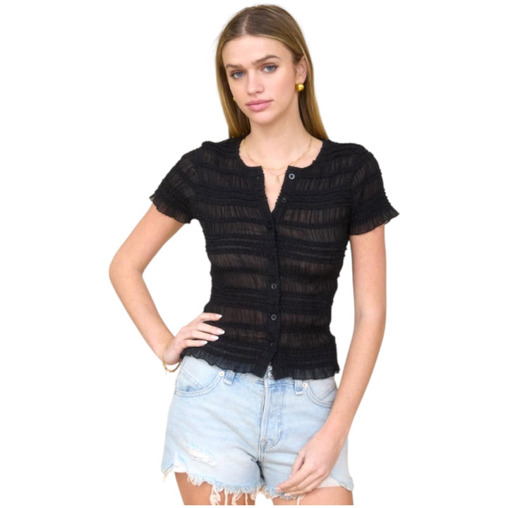 Black Shirred Short Sleeve Cardigan