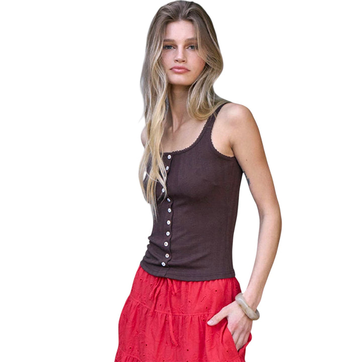 Brown Pointelle Ribbed Button Front Cami