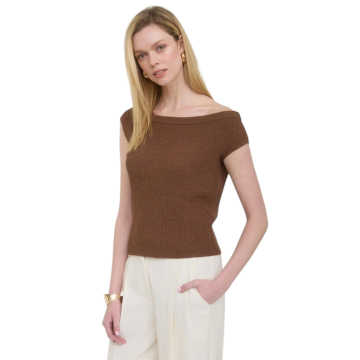 Brown Knit Off the Shoulder Relaxed Top
