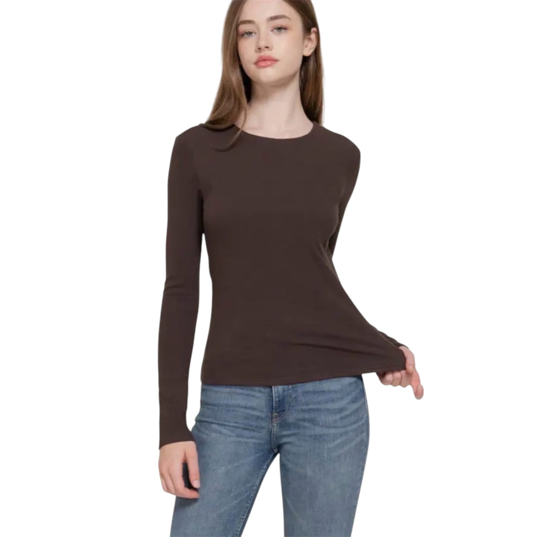 Brown Long Sleeve Round Neck Rib Knit Top