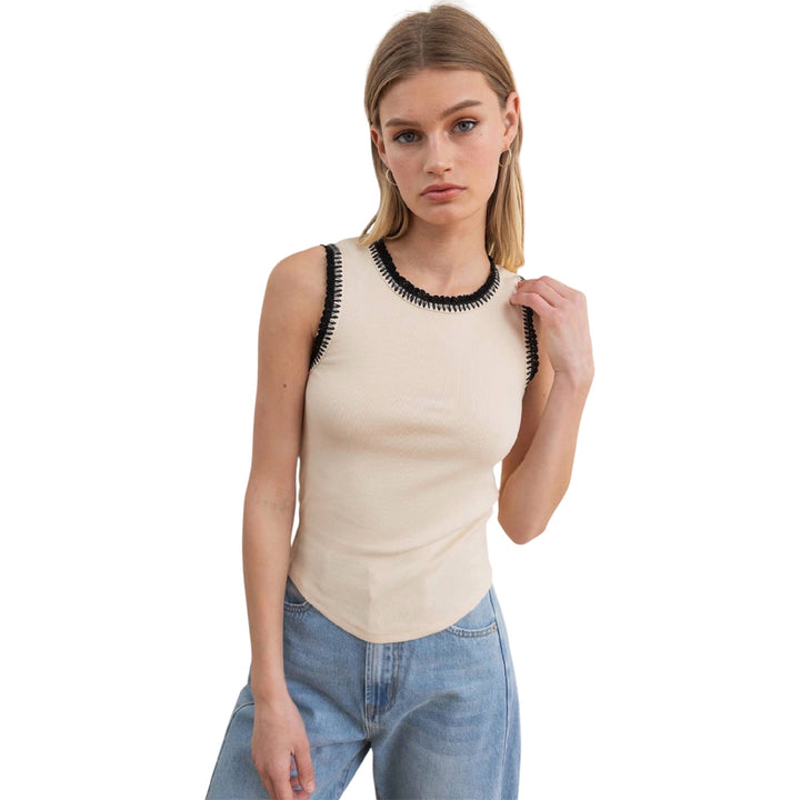 Cream Contrast Crochet Trim Rib Tank Top