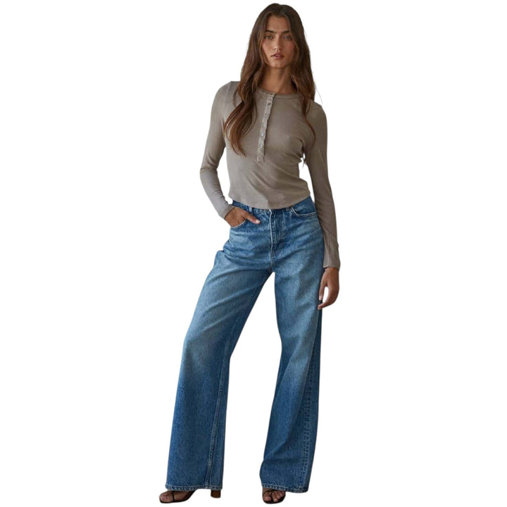 Knit Ribbed Crew Neck Long Sleeve Half Button Up Top