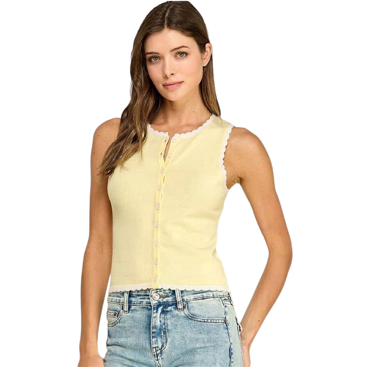 Yellow knit sleeveless cardigan with white detail