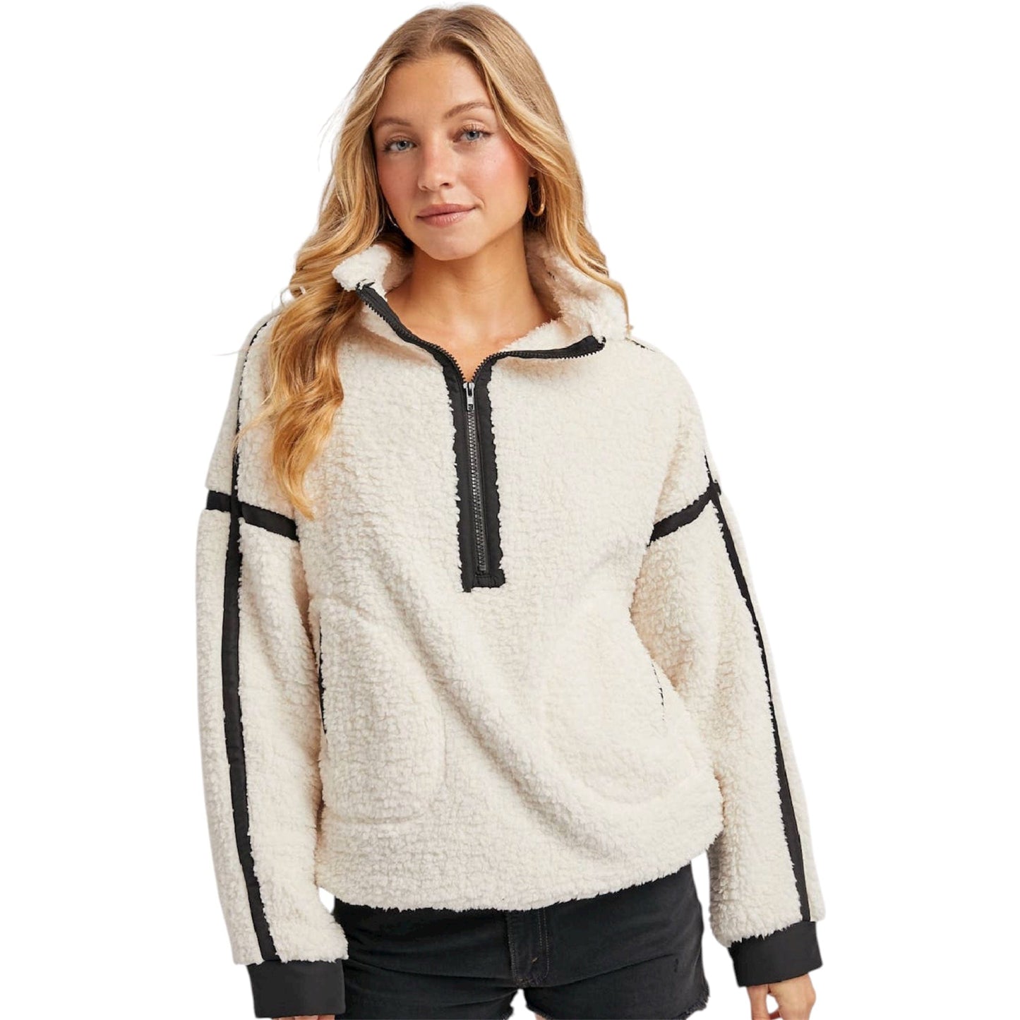 Ivory Half Zip Contrast Sherpa Fleece