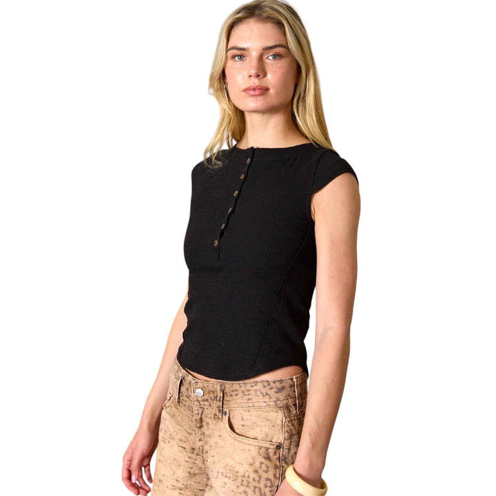 Black Henley Exposed Seam Sleeveless Top