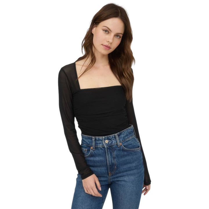 Sheer Square Neck Long Sleeve Ruched Waist Top