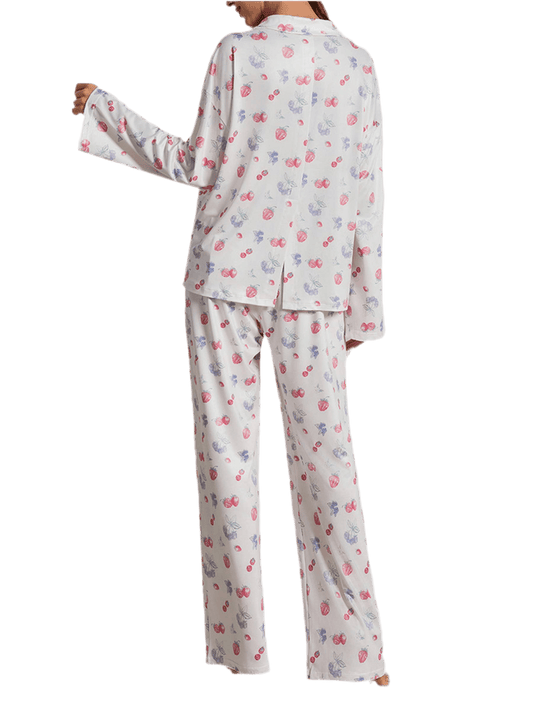 Flower And Fruit Printed Wide Leg Pants Pajama Set