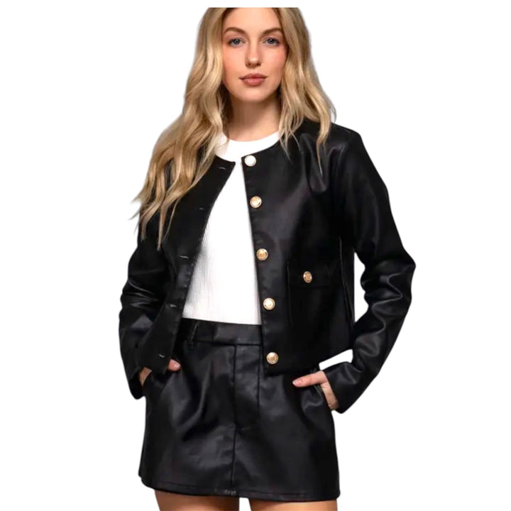 Black Button Down Faux Leather Jacket