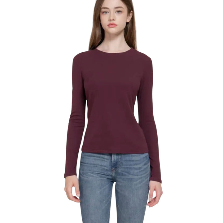 Burgundy Long Sleeve Round Neck Rib Knit Top