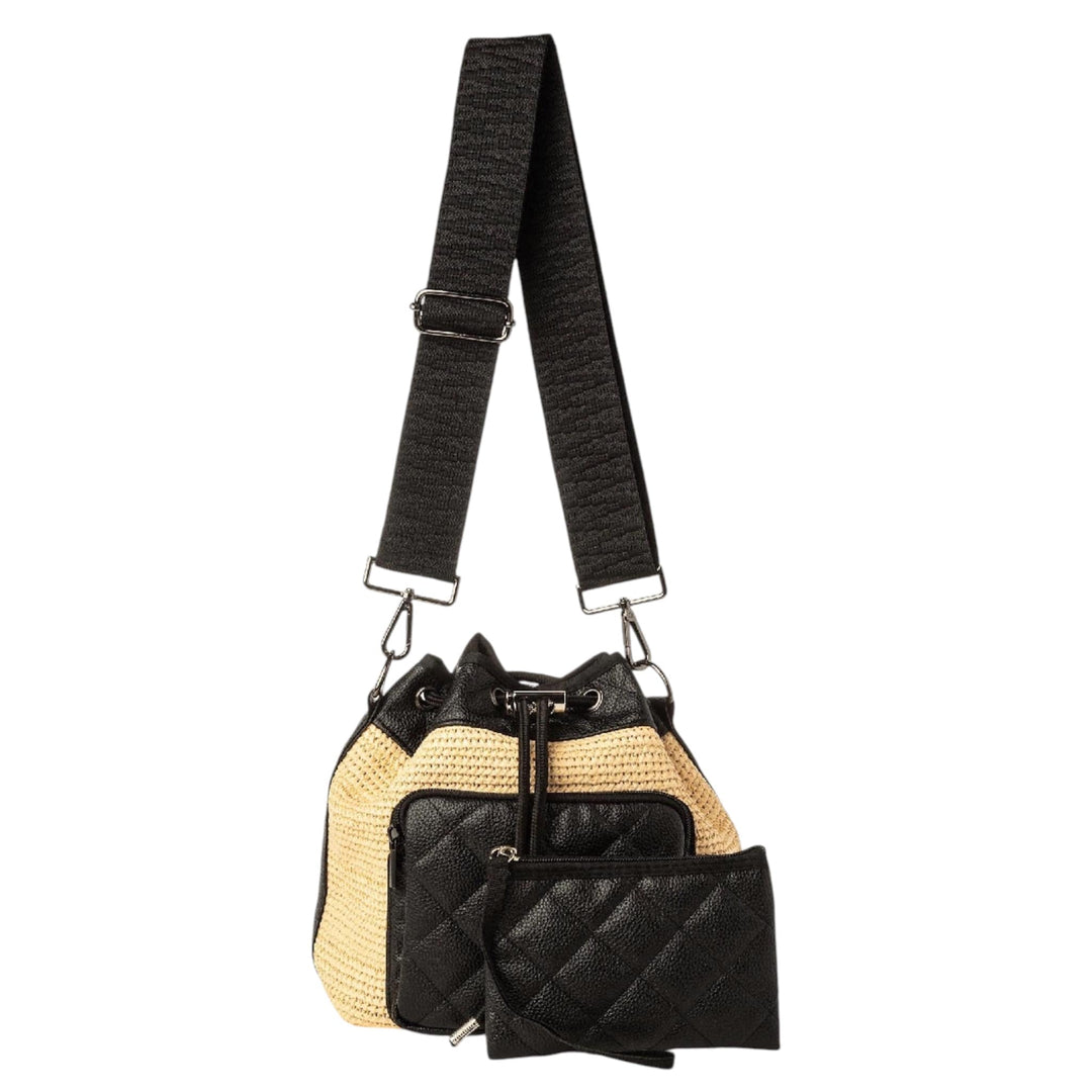 Beige Raffia Bucket bag with Black Leather Accents