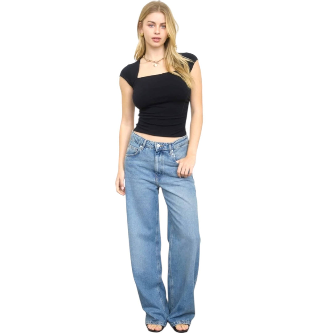 Black Short Sleeve Square Neckline Knit Top