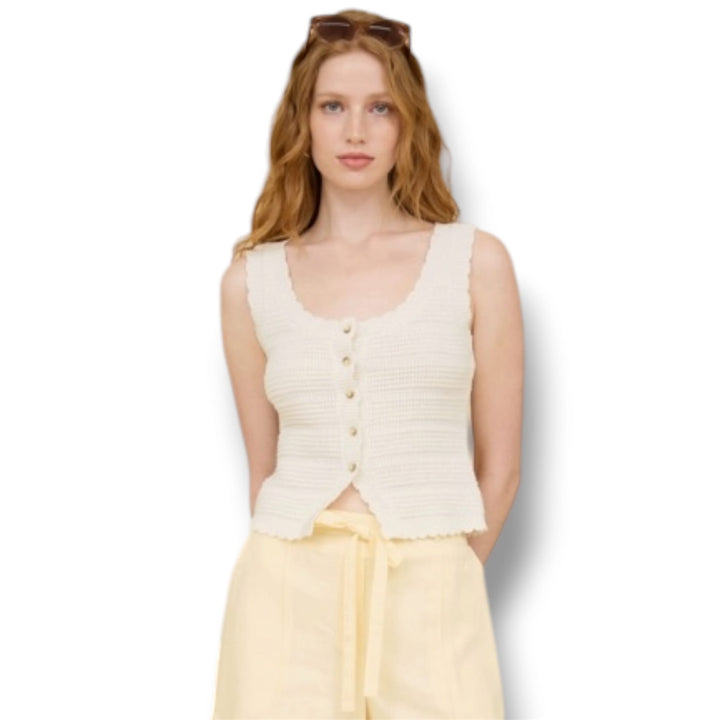 Oatmeal Crochet Knit Button Down Scalloped Knit Vest