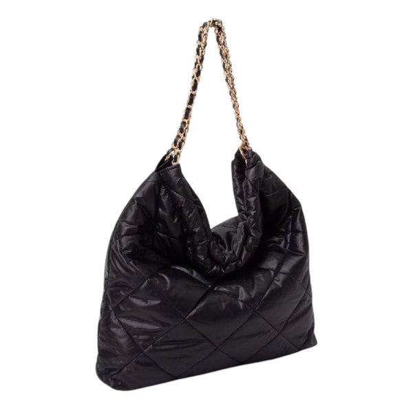 Black Puffer Quilted Hobo Tote Bag