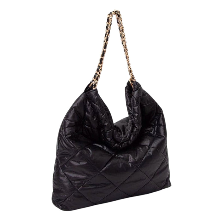 Black Puffer Quilted Hobo Tote Bag