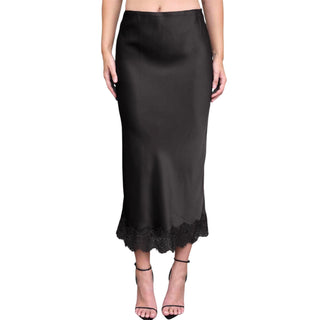 Black Satin Lace Hem Midi Skirt
