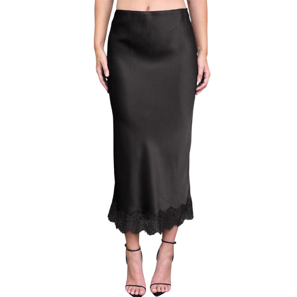 Black Satin Lace Hem Midi Skirt