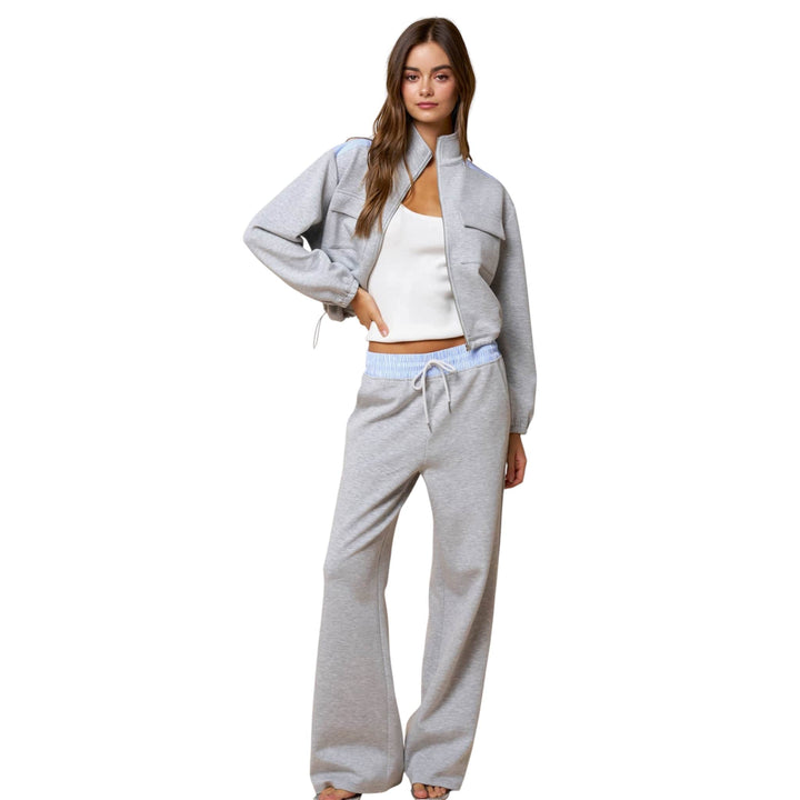 Color Block Zip Up Mock Neck Sweatshirt and Matching Straight Leg Sweatpants Set