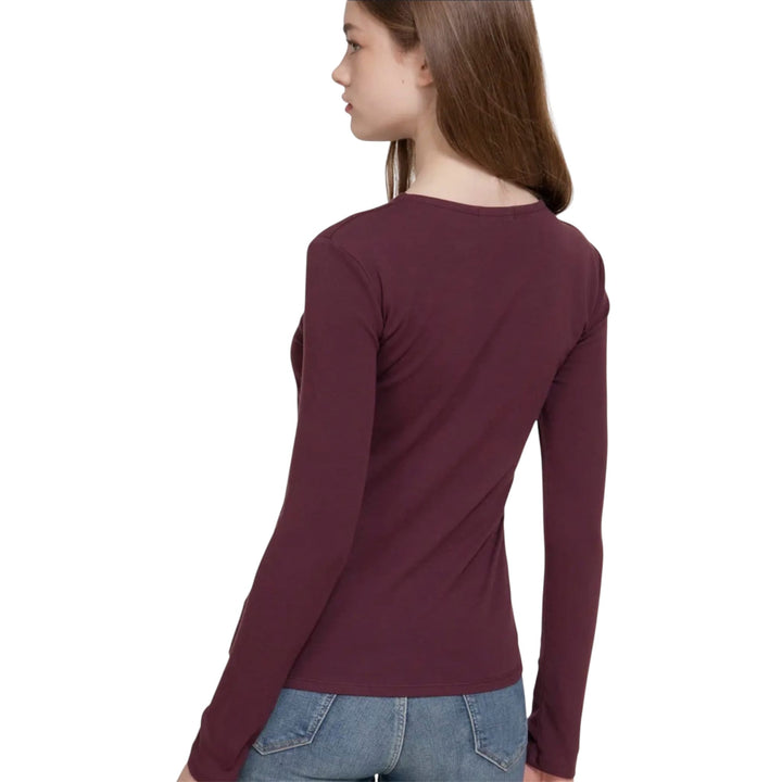 Burgundy Long Sleeve Round Neck Rib Knit Top