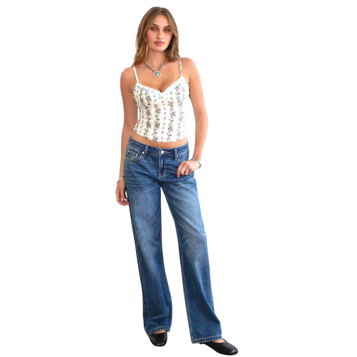 Straight Leg Dark Denim Washed Low Rise Jeans