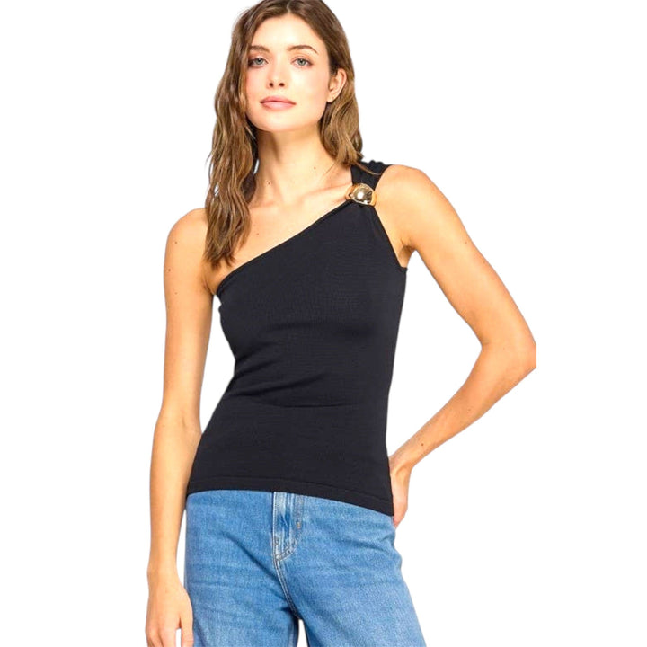 Black One Shoulder Top with Trim Detail