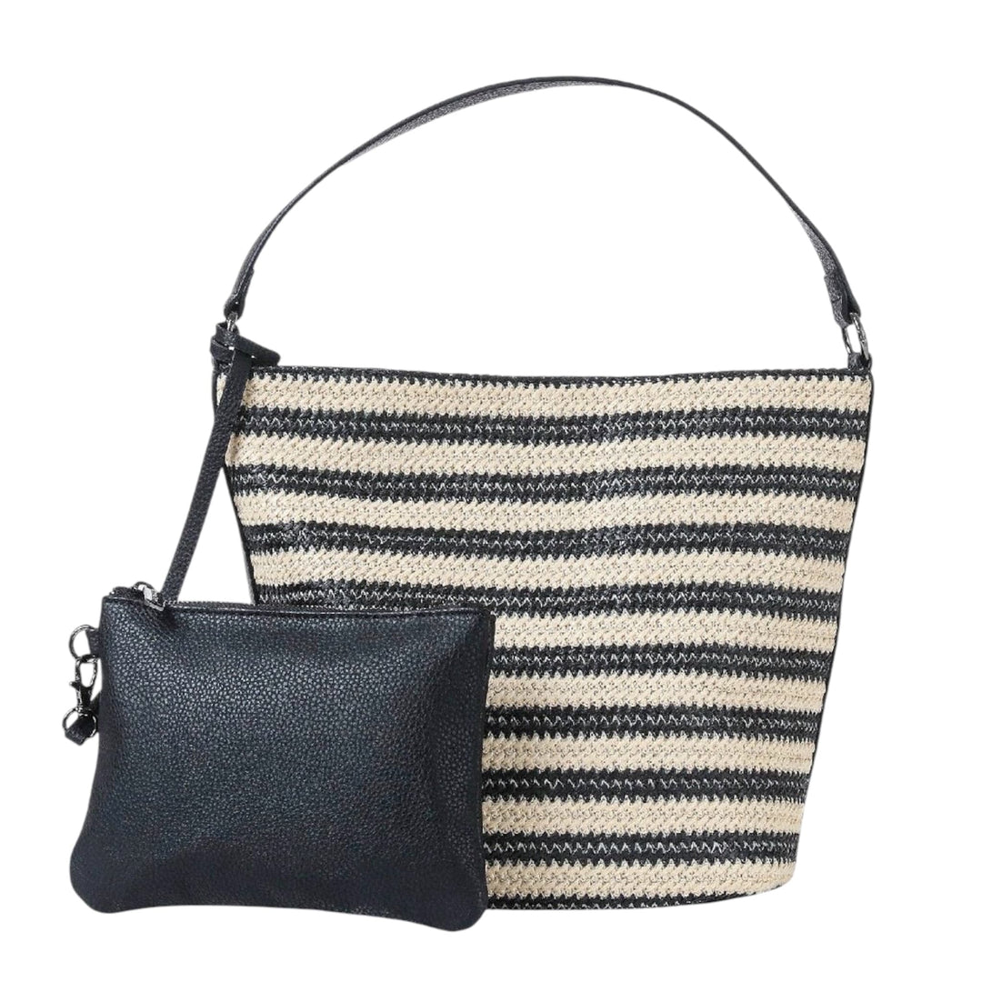 Raffia Shoulder Bag Beige and Black Striped