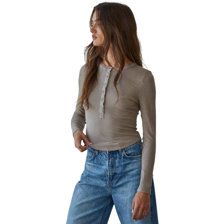 Knit Ribbed Crew Neck Long Sleeve Half Button Up Top