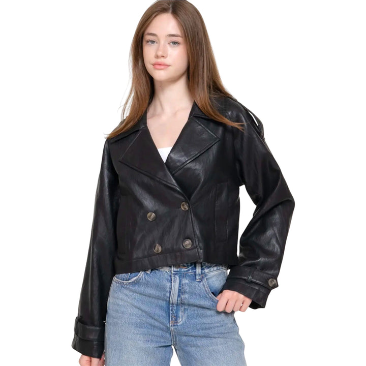 Black Faux Leather Short Trench Coat
