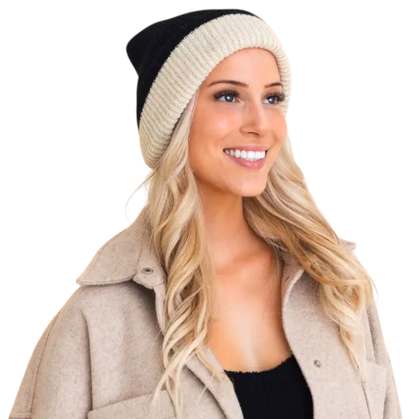 Black/Cream Two Tone Beanie Hat