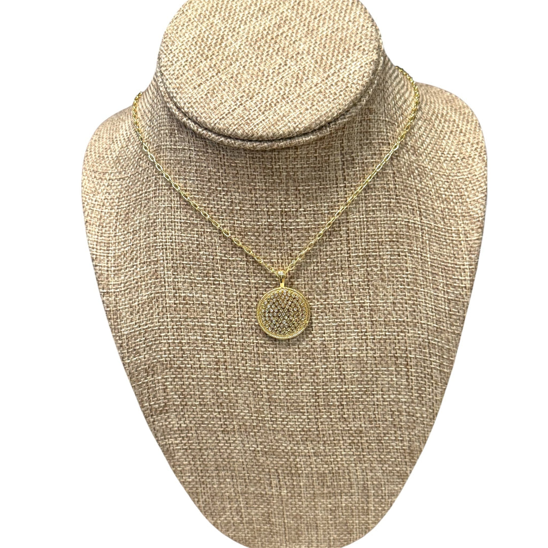 Gold CZ Micro Pave Round Honeycomb Shape Pendant Necklace