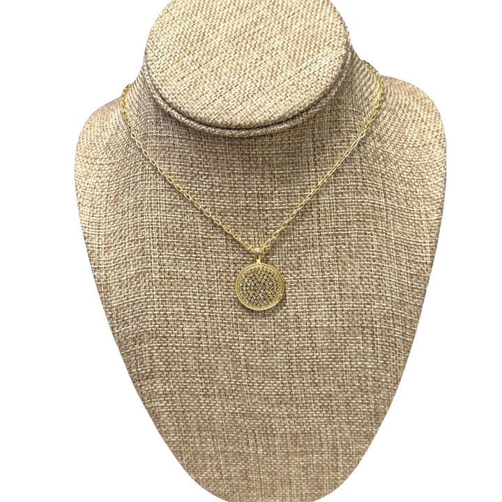 Gold CZ Micro Pave Round Honeycomb Shape Pendant Necklace