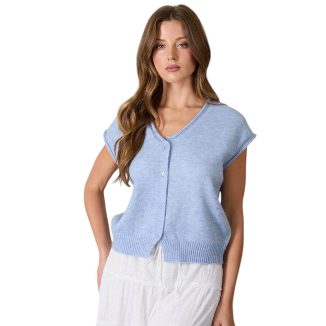 Raw Edge V Neck Sleeveless Knit Cardigan Sweater in Light Blue