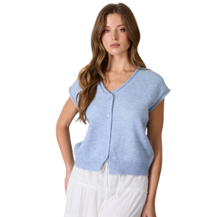 Raw Edge V Neck Sleeveless Knit Cardigan Sweater in Light Blue
