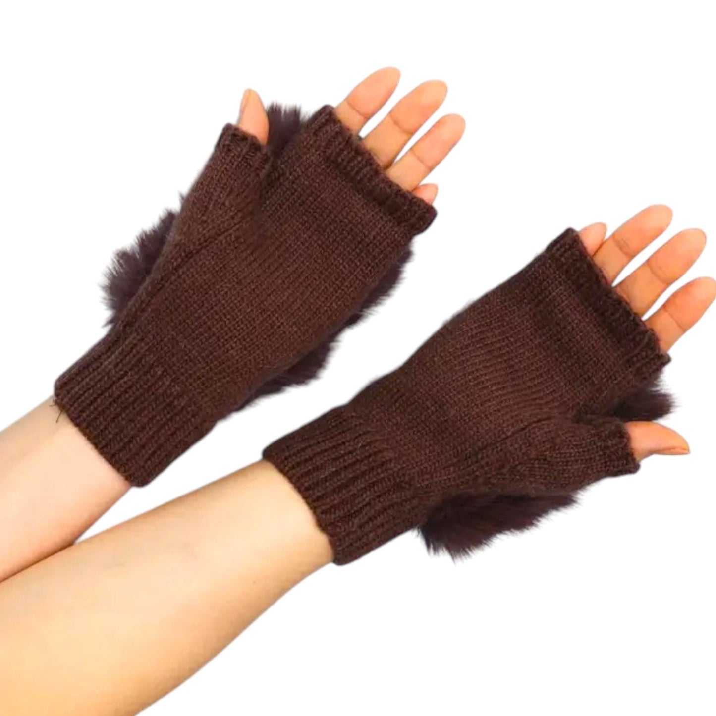 Faux Fur Trim Fingerless Gloves in Brown