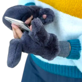 Grey CC Faux Fur Touchscreen Accessible Mittens