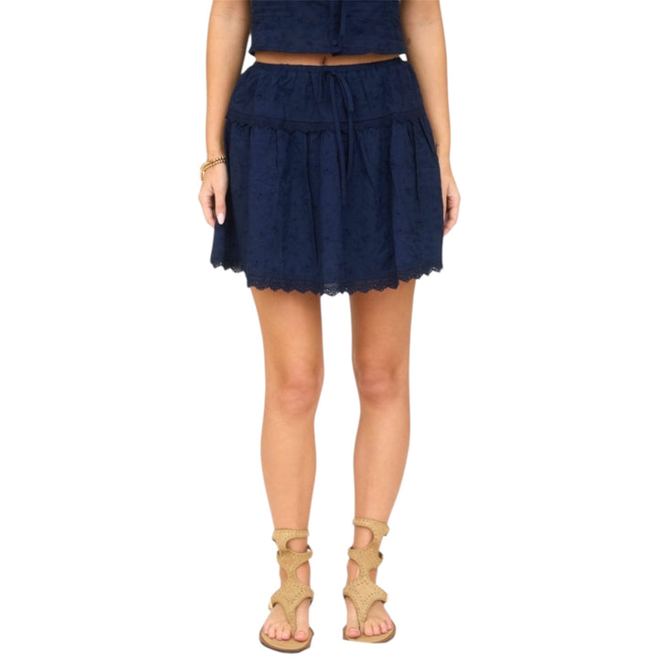 Navy Lace Trim Front Tie Eyelet Mini Skirt