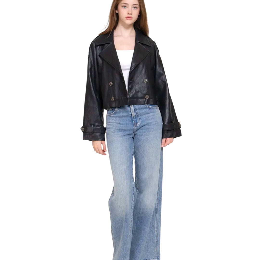 Black Faux Leather Short Trench Coat