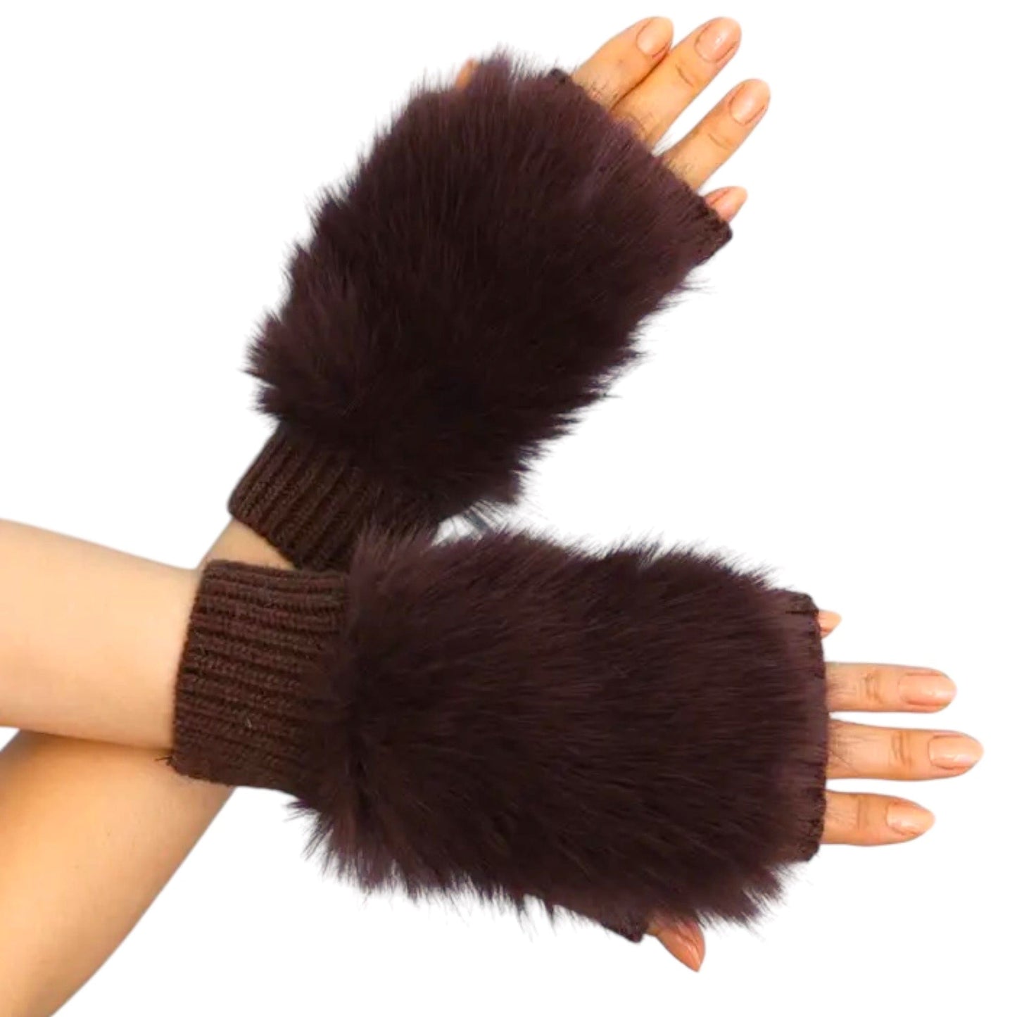 Faux Fur Trim Fingerless Gloves in Brown