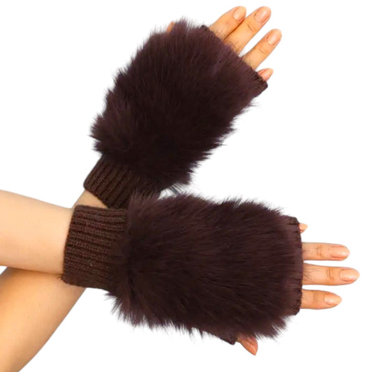 Faux Fur Trim Fingerless Gloves in Brown