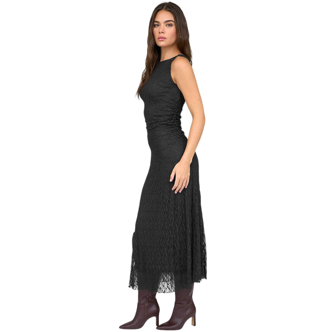 Black Lace Ruched Detail Tank Midi Dress