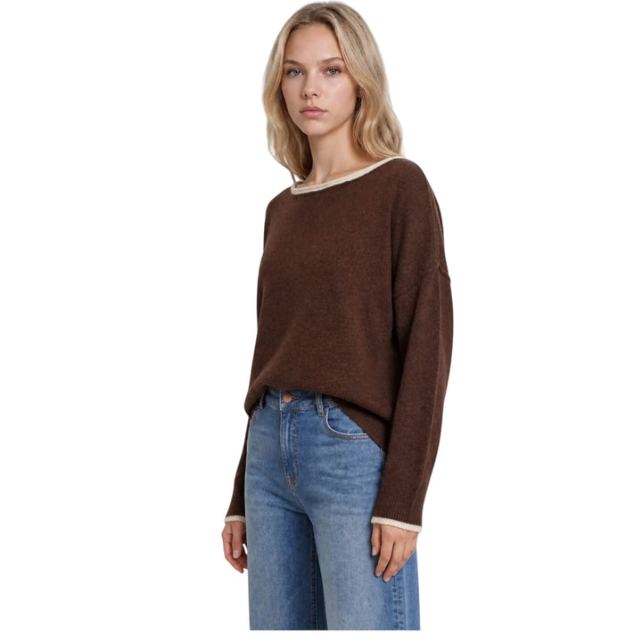 Brown Contrast Trim Off the Shoulder Sweater