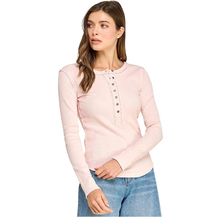 Pink Washed Soft Ribbed Henley Long Sleeve Top