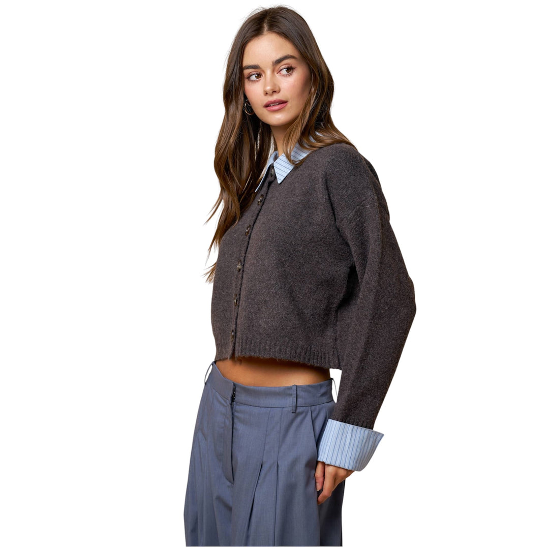 Stripe Trim Button Down Sweater Cardigan (PREORDER)